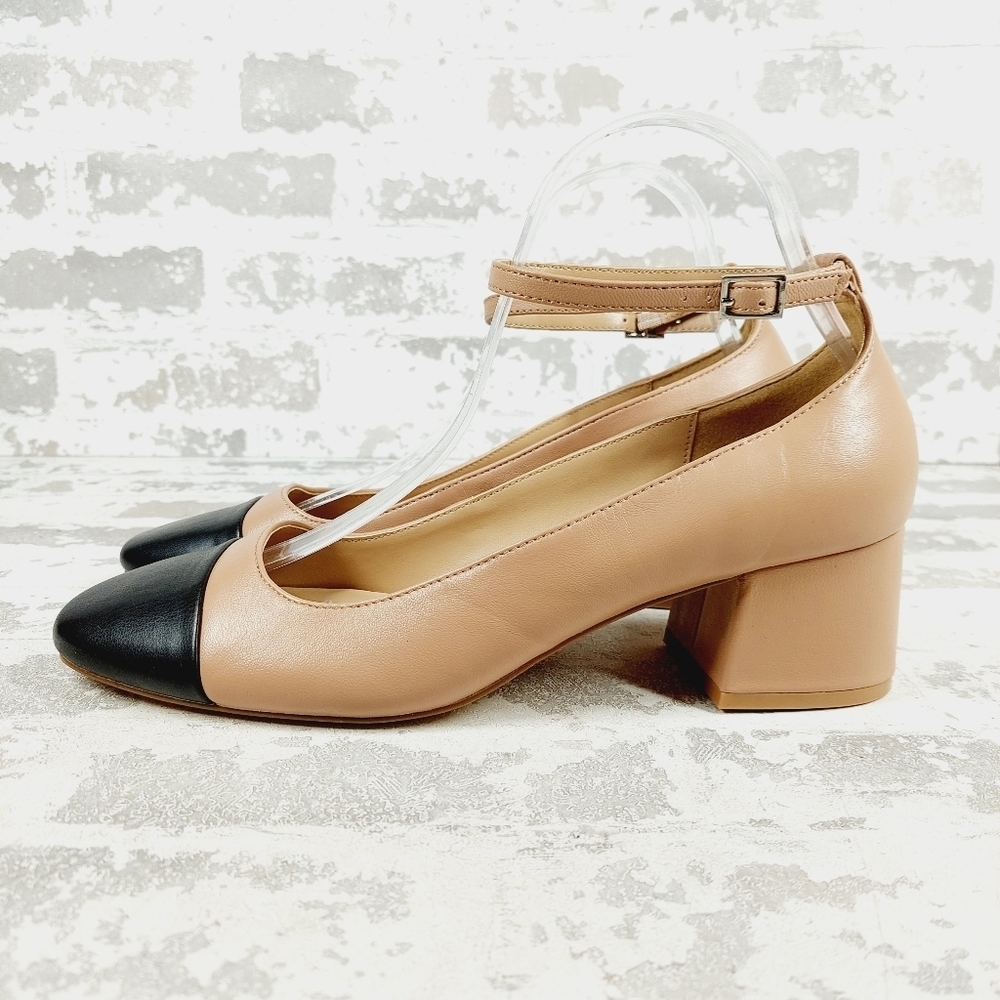 New Steve Madden Eli Tan Leather Block Heel Ankle Strap Pumps W786